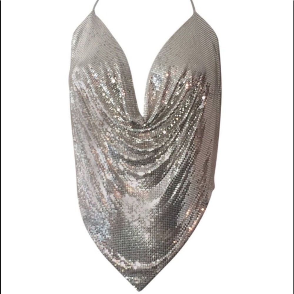 Vintage Whiting & Davis silver disco halter with top leather ties.